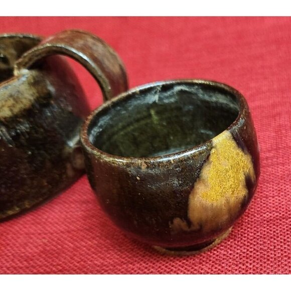 Vintage Ceramic Creamer Pitcher & Small Cup Set, Coffee Bar, Unique Pottery, 198 - Picture 2 of 7